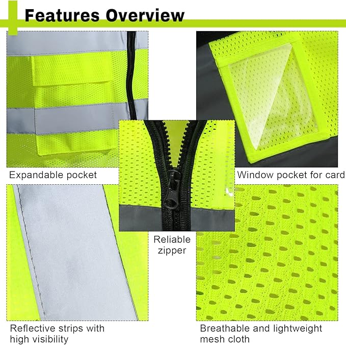 JaGely 20 Pack Reflective Safety Vests with Pockets, High Visibility Mesh Construction Vest for Men Women, Neon Yellow, Size L