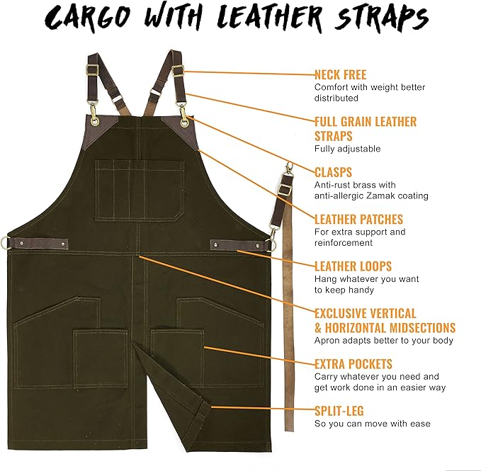 Under NY Sky Cargo Green Apron – Cross-Back with Leather Straps, Heavy-Duty Waxed Canvas and Split-Leg – Adjustable for Men and Women – Pro Woodworker, Mechanic, Blacksmith, Welder, Artist Aprons