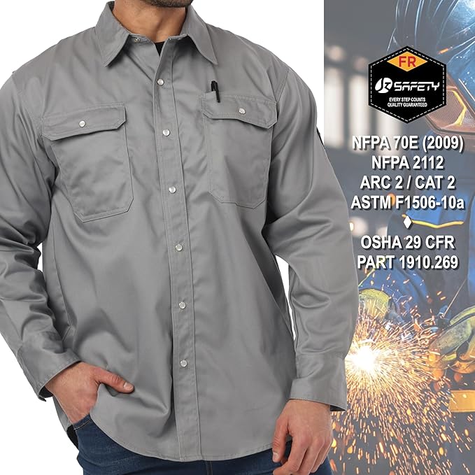 JKSafety 7oz FR Shirts for Men Women NFPA 70E 2112 ARC 2 Fire Resistant Welding Shirts FRC Long Sleeve Safety Workwear