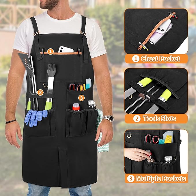 Heavy-duty BBQ Grilling Apron, Outdoor Cooking Apron for Men & Women Chef with Dual Shoulder Straps & Adjustable Buckle, Anti-oil Kitchen Apron with Multiple Pockets & Slit Hem, Apron Only