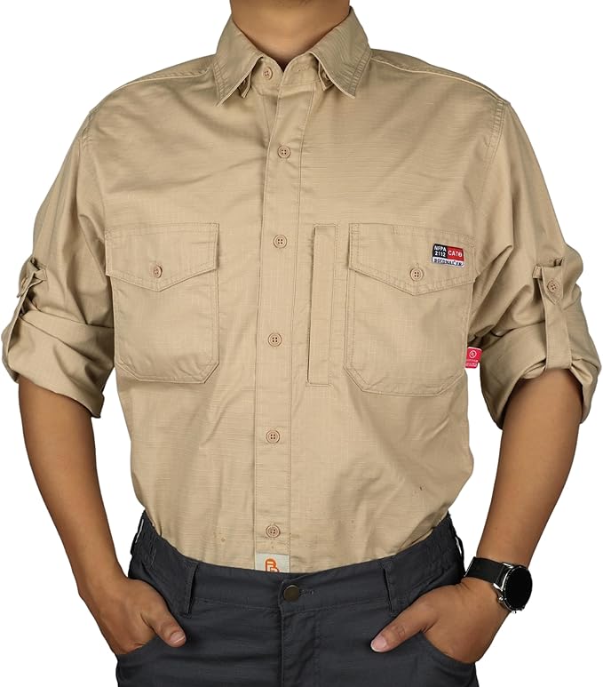 BOCOMAL FR Shirts 6oz Ripstop Durable Rugged Zipper Pocket Water Repellent Finish Fire Resistant Shirt-CAT2