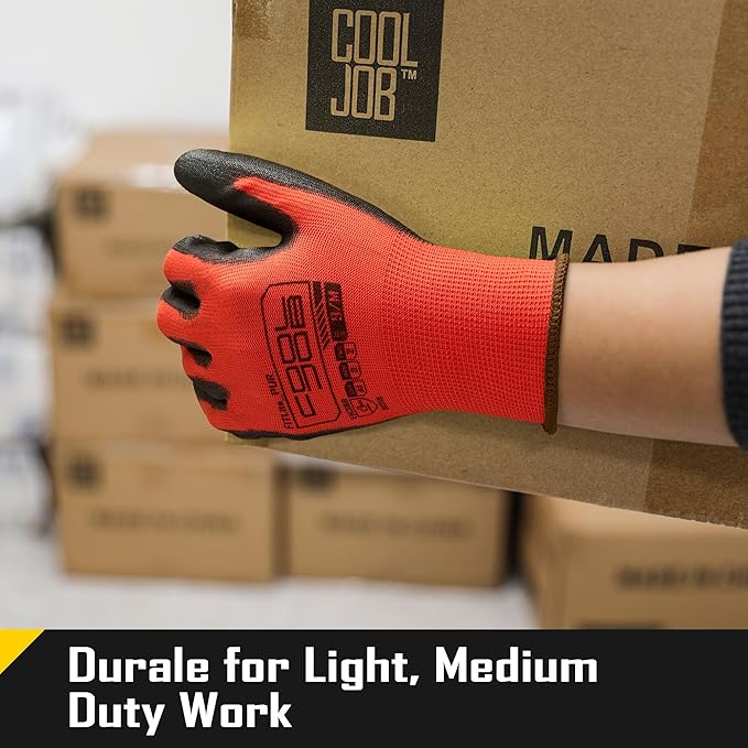 COOLJOB 12/60 Pairs Safety Work Gloves Pack Bulk with Grip PU Coating, 13 Gauge Seamless Knit Gloves with Polyurethane Dipped for Warehouse Working, Breathable Lightweight for Men Women, Red Medium