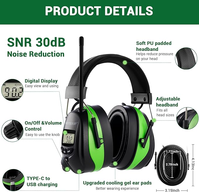 Upgraded AM FM Radio Headphones with Bluetooth 5.4,NRR 25dB Safety Ear Muffs for Noise Reduction,LCD Headset,Built-in Mic,2000mAh Rechargeable Hearing Protection for Walk,Lawn Mowing,Workshop(Green)