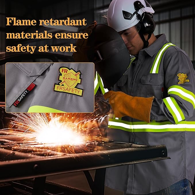 SRsafety Hi Vis FR Work Shirts,7.0oz Long Sleeve Flame Resistant Shirts for Men,100% Cotton High Visibility Fire Shirt