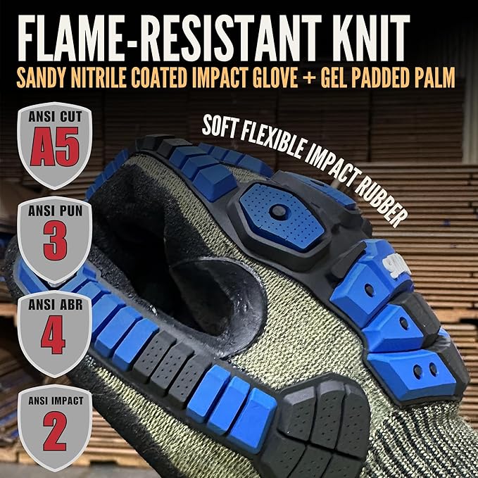 Cestus 3004, ANSI Cut A5 Impact Gloves (1,3,12,60 Pairs), Flame-Resistant 13G Knit, Sandy Nitrile Coated, Gel Padded Palm