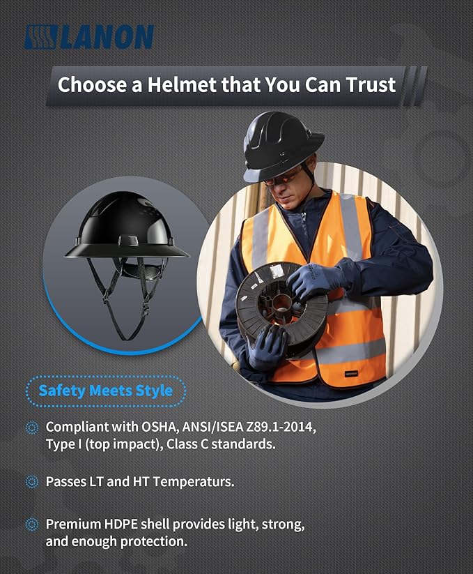 LANON Black Full Brim Hard Hat, OSHA Construction Work Approved, HDPE Safety Helmet with 4 Point Adjustable Ratchet Suspension, Class E, G & C