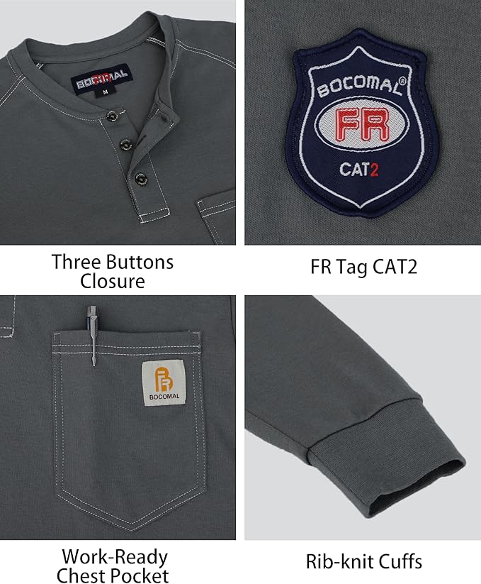 BOCOMAL Men's FR Shirt Pocket Henley Lightweight Flame Resistant Cotton Long Sleeve Workwear UL NFPA2112 CAT2 Welding Tee