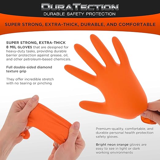 Dura-Gold Duratection 8 Mil Orange Super Duty Diamond Textured Nitrile Disposable Gloves, 10 Boxes of 100, Medium - Latex Free, Powder Free, Food Safe, Safety Protection Work Gloves, Industrial