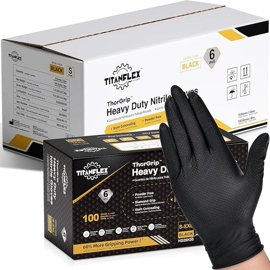 TitanFlex Heavy Duty Black Nitrile Gloves, 6 Mil with Raised Diamond Texture Disposable Gloves Latex Free, Powder Free