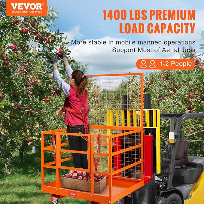 VEVOR Forklift Safety Cage, Forklift Man Basket 1400lbs Capacity, 43"x45" Work Platform with Safety Harness & Lock, Drain Hole & Wheels & Tool Basket, Perfect for Aerial Work