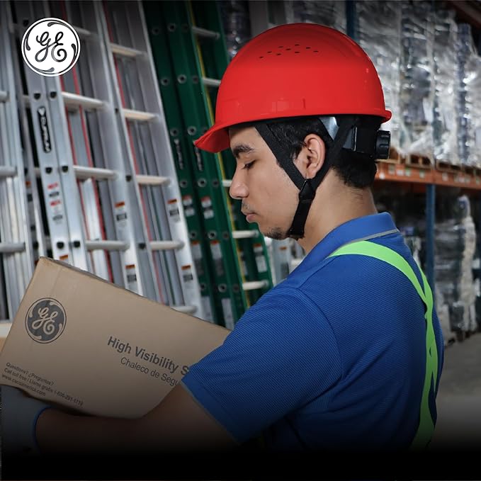GE Safety Helmet Vented, Hard Hat Style, One Size with Earmuff Slots, Includes 4-Point Ratchet System, Meets ANSI ISEAZ89.1-2014 Standards, RED, Model # GH326R