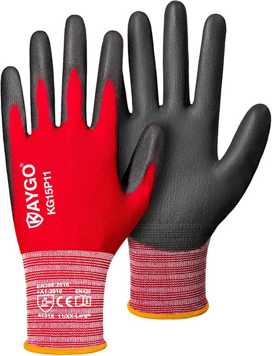 KAYGO Work Gloves PU Coated-12 Pairs, KG15P,Nylon Lite Polyurethane Safety Work Gloves, Gray Polyurethane Coated, Knit Wrist Cuff,Ideal for Light Duty Work (XX-Large, Red)
