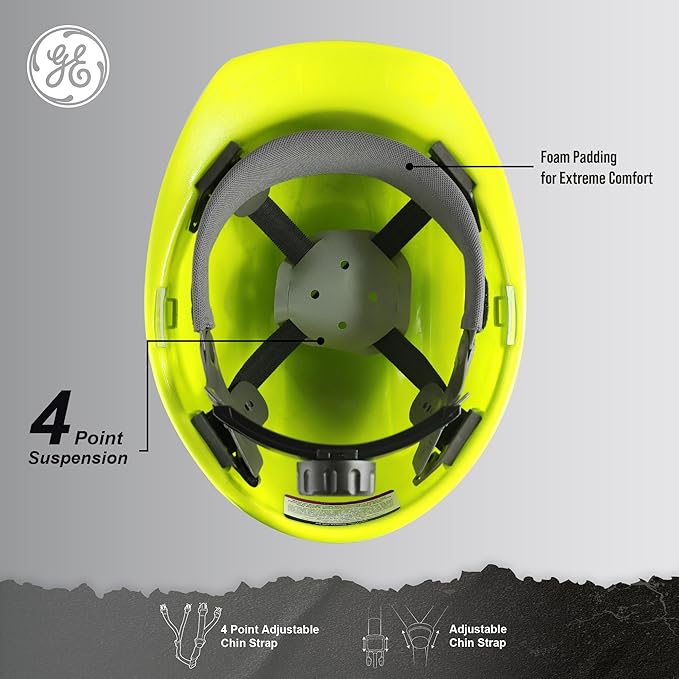 GE Cap Style Hard Hat, 4-Point Ratchet Suspension, Earmuff Slots, High Impact Resistant, Sweat-Wicking Sweatband, Meets ANSI Z89.1-2014, Comfortable, and Protective - Hi-Vis Lime, Non-Vented
