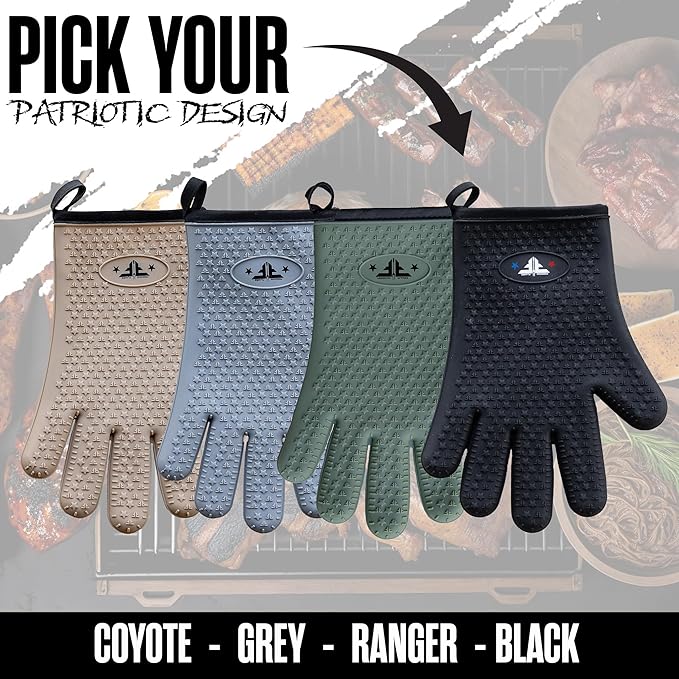 Silicone Oven Mitt - Heat Resistant BBQ Gloves with Fingers for Grilling or Smoker Pit, Easy Clean Waterproof Heat Proof Grill Glove for Baking & Cooking (Black)