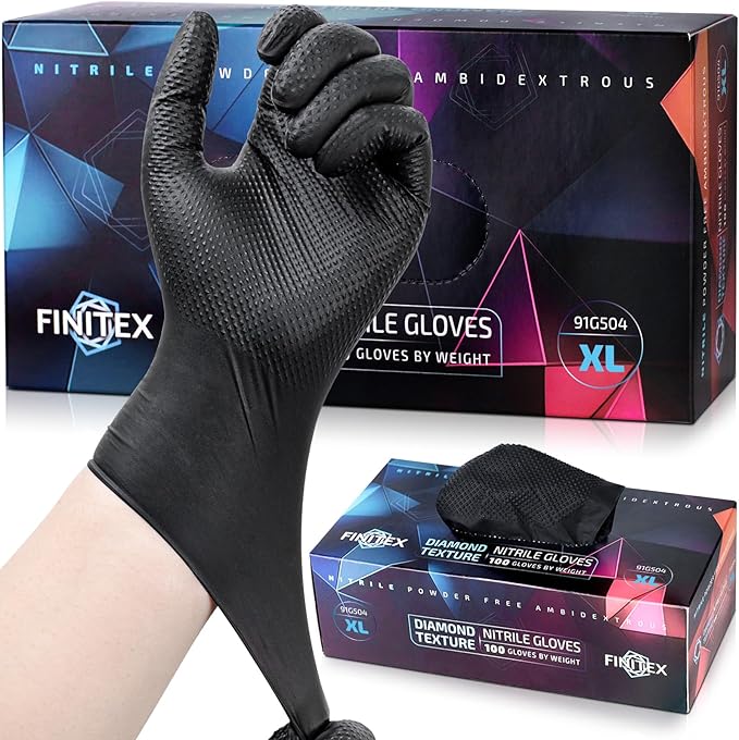 FINITEX Disposable Industrial Diamond Texture Nitrile Glove - Chemical Resistant Heavy Duty 6.3mil Mechanic Automotive Gloves
