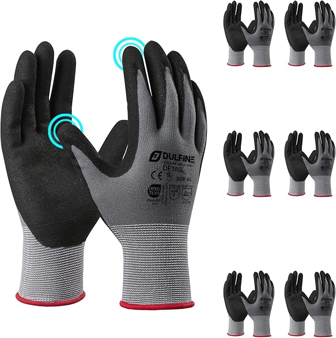 DULFINE Work Gloves for Men and Women,6 Pairs Pack,Touchscreen MicroFoam Nitrile,Ideal for General Purpose,Home Improvement
