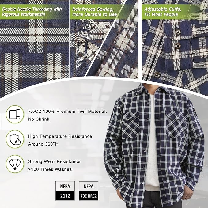 Welding Shirts for Men 6.25oz FR Shirts, 100% C Flame Resistant Work Shirt with Reinforced Sewing, Men's Fire Retardant Welding Shirt, Welding Accessories, Navy-Plaid L
