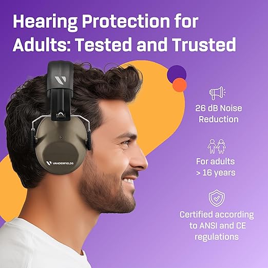 Vanderfields Hearing Protection Ear Muffs for Noise Reduction, 26dB Certified, Noise Cancelling Safety Ear Protection for Shooting, Adult Headphones for Lawn Mowing, DIY, Construction, Woodworking