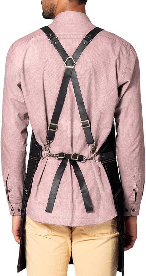 Under NY Sky Cargo Black Apron – Cross-Back with Leather Straps, Heavy-Duty Waxed Canvas and Split-Leg – Adjustable for Men and Women – Pro Woodworker, Mechanic, Blacksmith, Welder, Artist Aprons