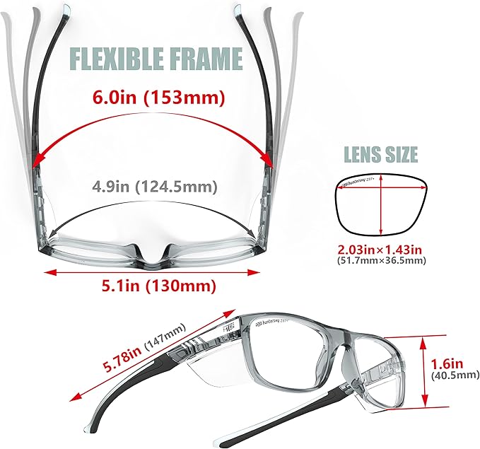 HTS TR90NZZ Safety Glasses Small Size with Side Shields ANSI Z87 Optical Eyeglass prescription Frame Scratch Fog Resistant