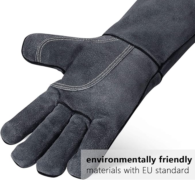 OZERO 932℉ Forge Welding Gloves 14-inch Heat Resistant Leather Grill BBQ Glove with Flame Retardant Long Sleeve and Insulated Lining for Men and Women Gray