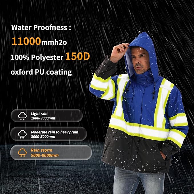 Reflective Rain jackets for men waterproof,Hi Vis Safety Coat With Reflective Strips，High Visibility Class 3 Rain jackets With 2 large pockets，Zipper,Blue,2XL/3XL