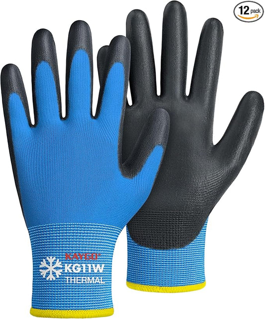 KAYGO Winter Work Gloves for Men and Women, 12 Pairs Thermal Insulated Safety Work Gloves PU Coated, Smooth Grip on Palm & Fingers,Ideal for Freezer Work,Blue,L