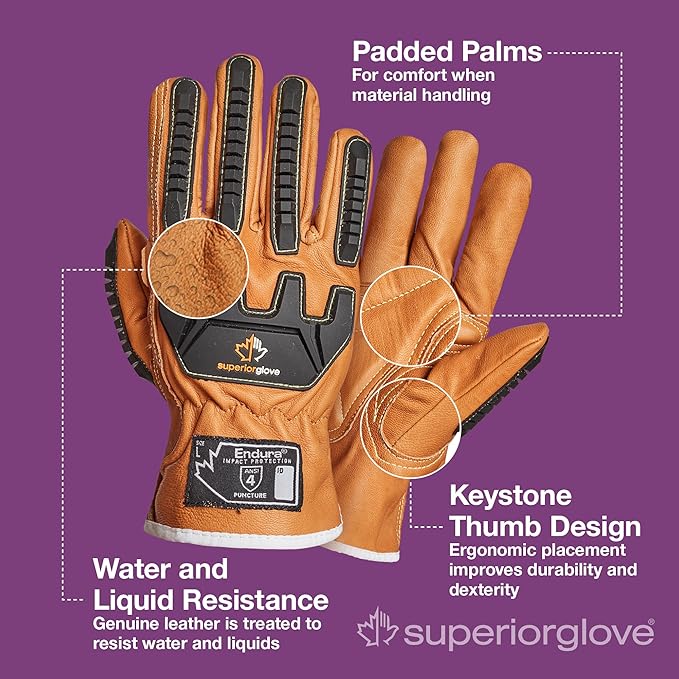 Superior Glove Endura Impact and Water Resistant Leather Work Gloves for Hand Safety Protection - 378GKVSB Small (Pack of 1 Pair)