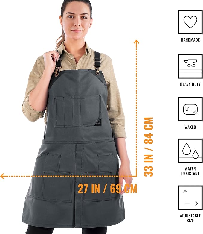 Under NY Sky Cargo Gray Apron – Cross-Back with Leather Straps, Heavy-Duty Waxed Canvas and Split-Leg – Adjustable for Men and Women – Pro Woodworker, Mechanic, Blacksmith, Welder, Artist Aprons