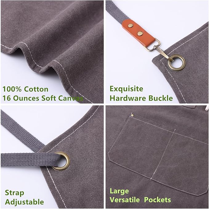 Chef Apron Medium-Thick Cotton Canvas,Cross Back with Multiple Pockets Adjustable Work Apron for Men and Women (Grey)