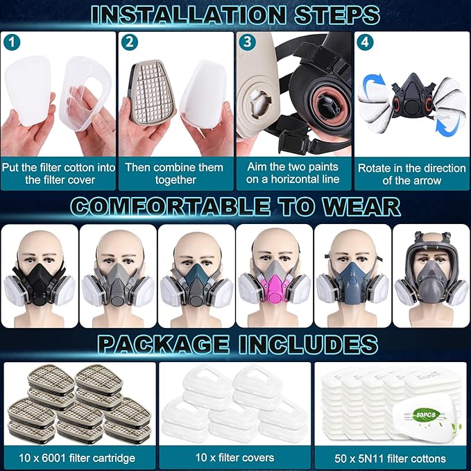 6001 Filter Cartridges for Respirator, Replacement Respirator Filters - Proof Organic Vapors, Paint and Chemical, Respirator Cartridges for 6200, 6502, 7502, 6800, 4008 Series(5 Set)