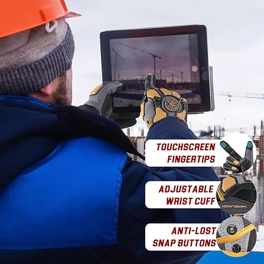 HANDLANDY Winter Water Resistant Work Gloves for Men, Insulated Heavy Duty Mechanic Glove for Cold Weather (Coffee-insulated, Large)