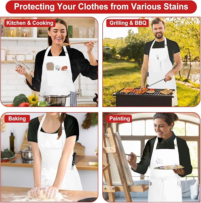 3 Pcs Dual Waterproof Oilproof Kitchen Chef Aprons with 4 Pockets for Men Women, Adjustable Soft Anti-Tear Cooking Bib Apron for Baking Grilling BBQ Painting Cleaning (White)