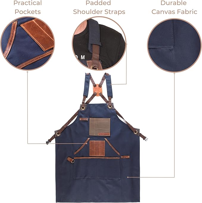 Cross Back Canvas Aprons With Pockets |Adjustable Leather Strap|Work Apron|Chef Apron|Woodworking, Grilling
