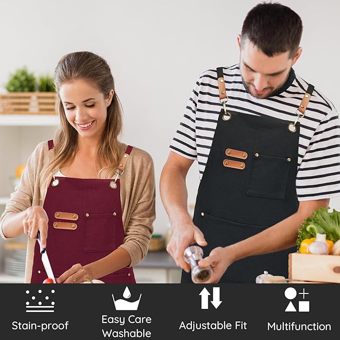 Canvas Aprons, Kitchen Chef Aprons, Work Aprons for Men Women, Adjustable Strap Aprons with 3 Pockets