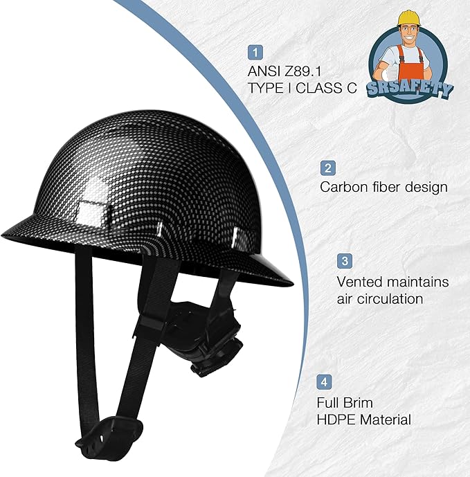 SRSAFETY Full Brim Hard Hat Carbon Fiber Design 6 Point Adjustable Ratchet Suspension OSHA Approved ABS Work Helmet for Men&Women ANSI Z89.1 Type I Class C