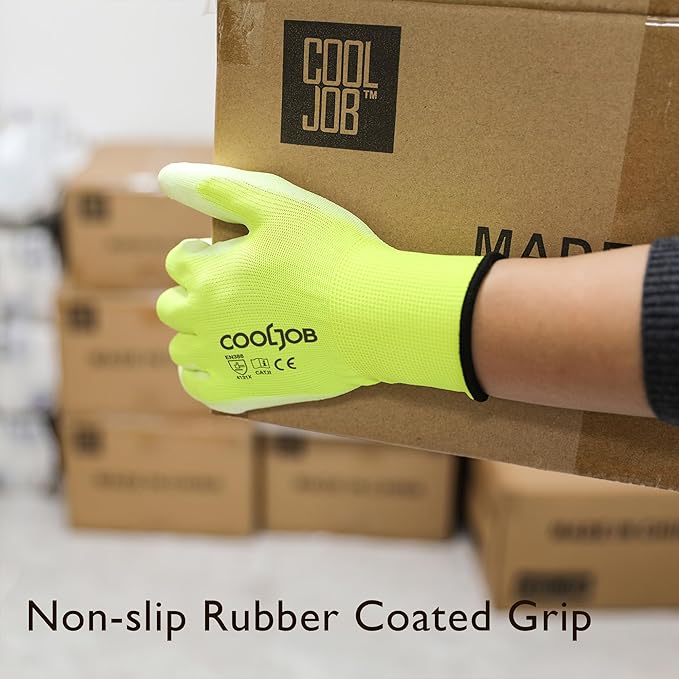 COOLJOB 12/60 Pairs Safety Work Gloves Pack Bulk with Grip PU Coating, 13 Gauge Seamless Knit Gloves with Polyurethane Dipped for Warehouse Working, Breathable Lightweight for Men Women, Yellow Large