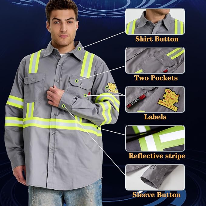 SRsafety Hi Vis FR Work Shirts,7.0oz Long Sleeve Flame Resistant Shirts for Men,100% Cotton High Visibility Fire Shirt