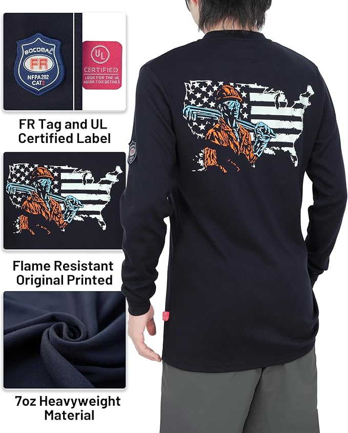 BOCOMAL FR Shirts Henley 7oz Midweight Fire Resistant Clothing NFPA2112 CAT2 Men's Flame Retardant Work Shirt