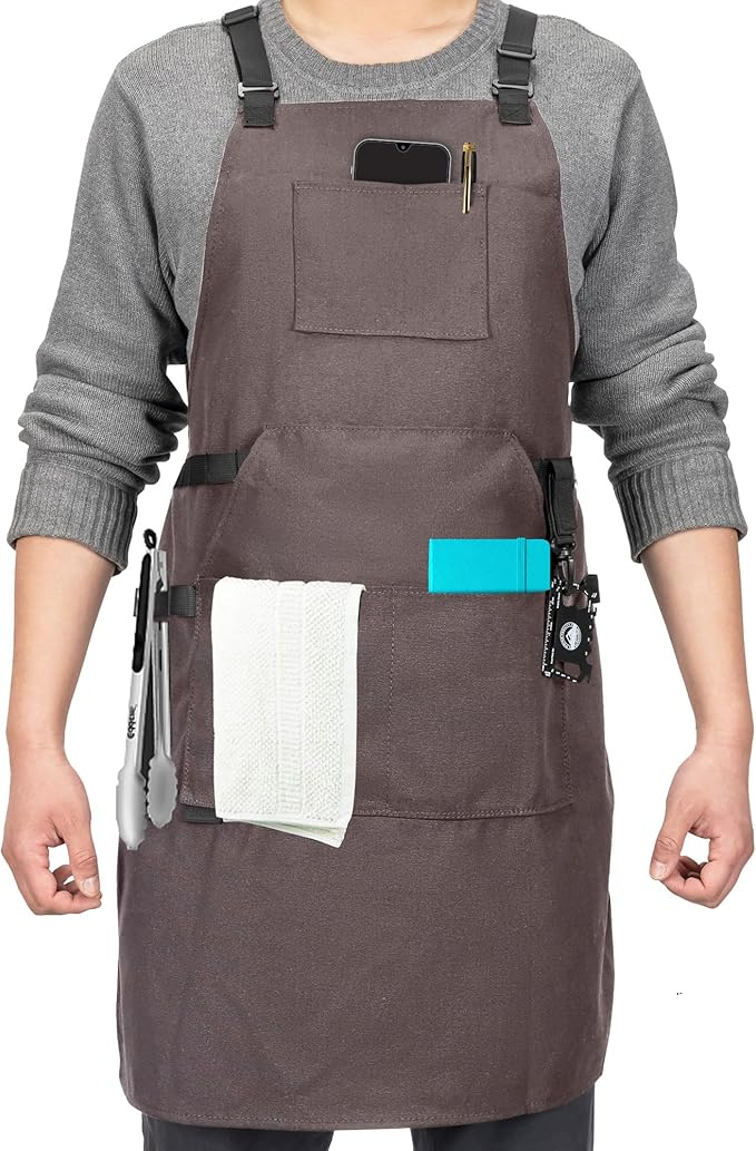 Canvas Chef Apron – Cross Back Straps Mens Apron for Butcher, Bartender, Grilling, BBQ, Kitchen, Workshop & Artist