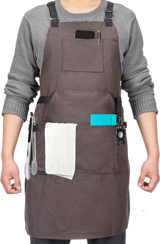 Canvas Chef Apron – Cross Back Straps Mens Apron for Butcher, Bartender, Grilling, BBQ, Kitchen, Workshop & Artist