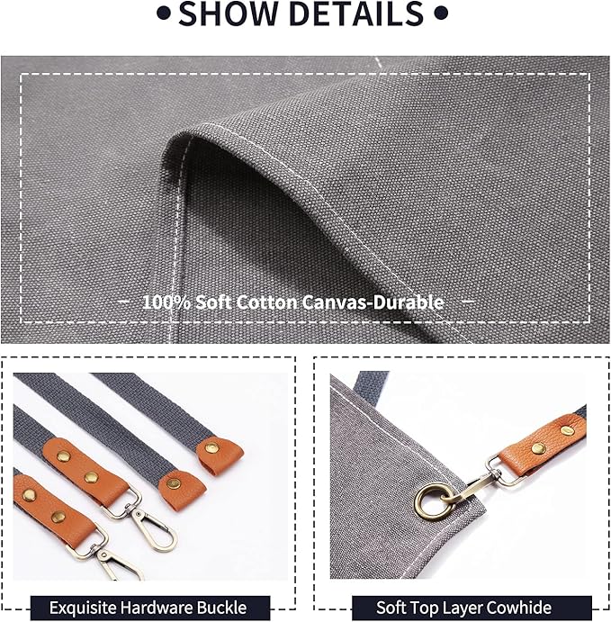 Chef Apron, Apron for Men Women with Adjustable Straps Cotton Canvas Cross Back Adjustable Apron with Pockets for Women and Men(Grey)