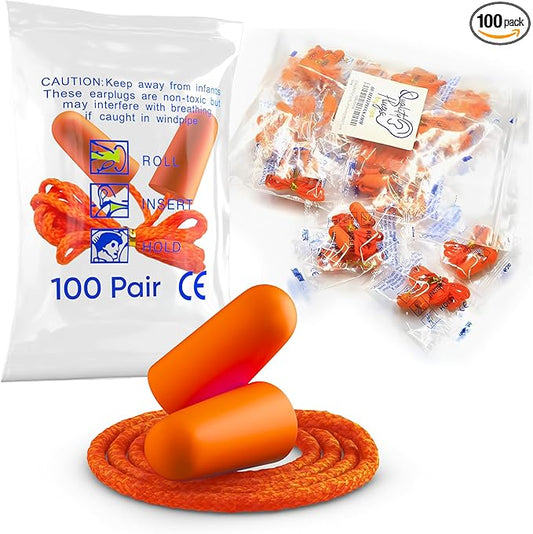 Foam Corded Ear Plugs 100 Pair - 32dB Noise Cancelling Shooting Hearing Protection Ear Plugs for Noise Reduction Construction Work Safety Mowing Industrial - Disposable Ear Plugs with Cord Bulk