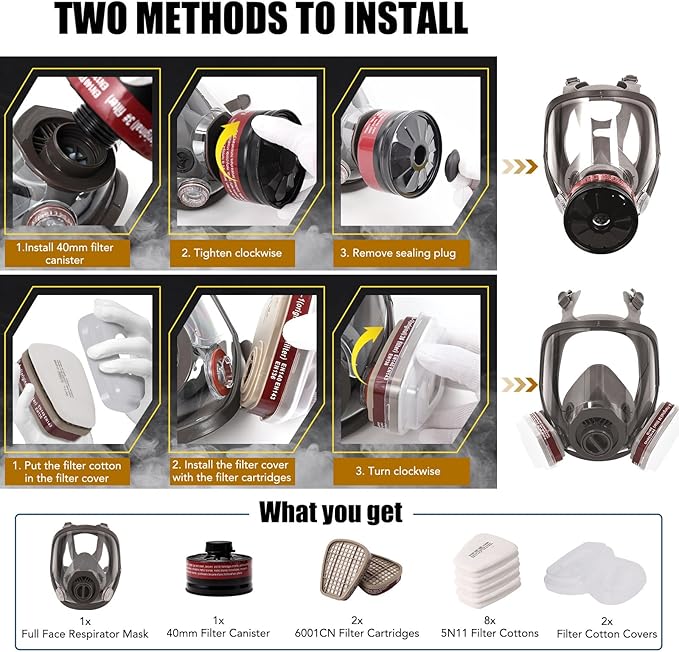 Full Face Gas Mask, Gas Masks Survival Nuclear and Chemical with 40mm Activated Carbon Filter & 6001 Filters, Reusable Respirator Mask for Gases, Chemicals, Organic Vapors, Dust, Fumes, Paint