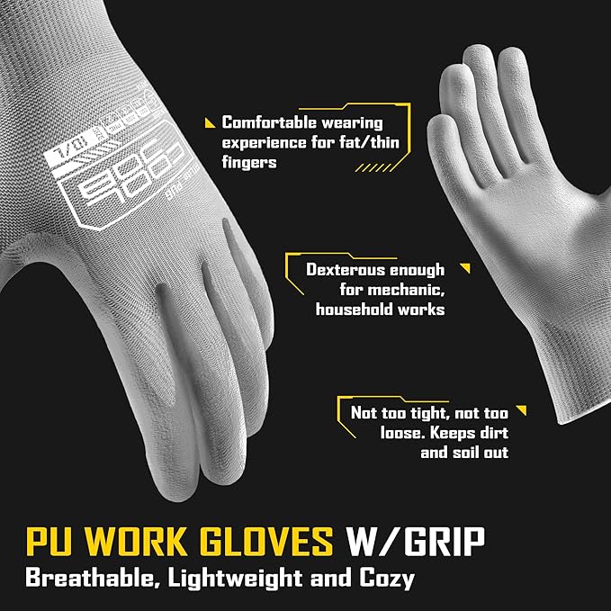 COOLJOB 12/60 Pairs Safety Work Gloves Pack Bulk with Grip PU Coating, 13 Gauge Seamless Knit Gloves with Polyurethane Dipped for Warehouse Working, Breathable Lightweight for Men Women, Grey Large