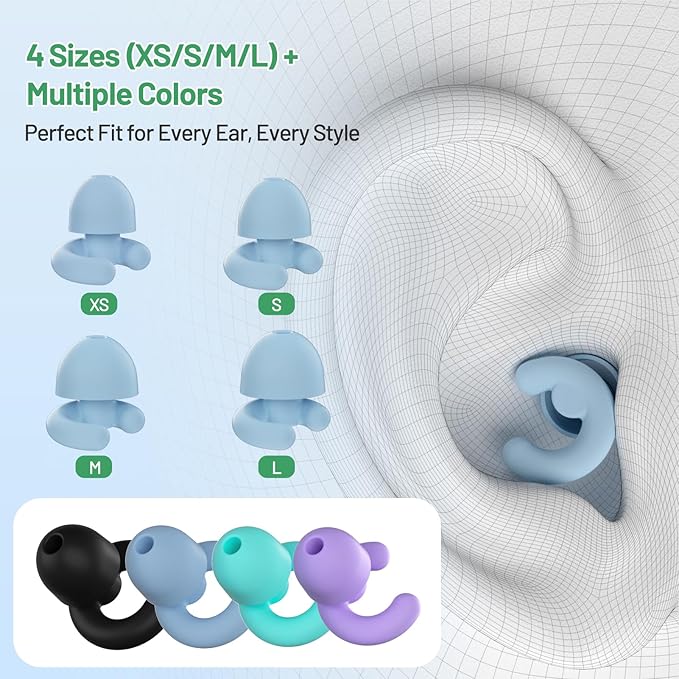 Ultra-Soft Noise Cancelling Ear Plugs, Reusable Silicone for Sleep Concerts Travel Office,33dB (NRR),Ergonomic Integrated Design Fit for Small Ear Canals Noise Sensitivity (Blue, 4 Pairs)