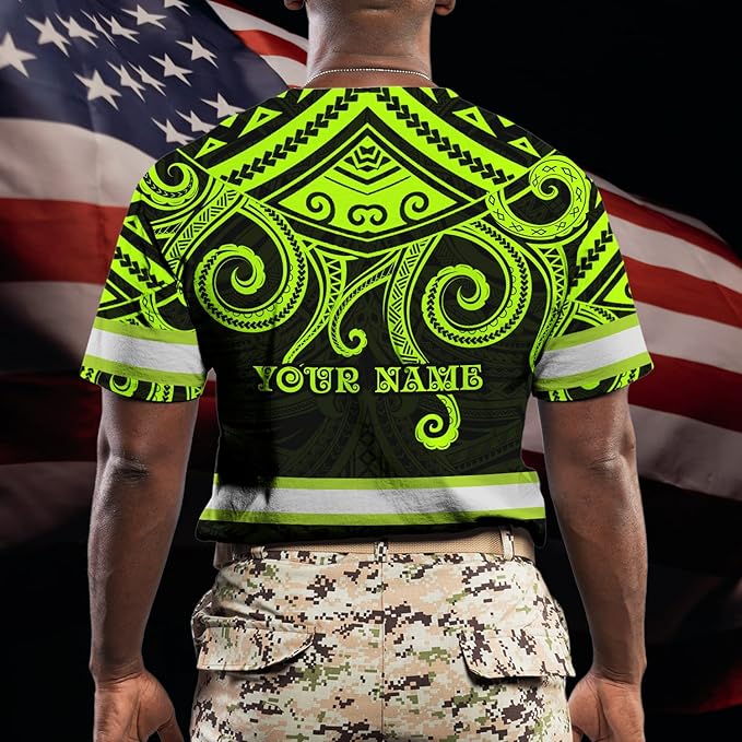 Matedecor Skull High Visibility Shirt Men Reflective Safety Shirts US Flag Custom Name Workwear, Runners, Walkers, Patriotic