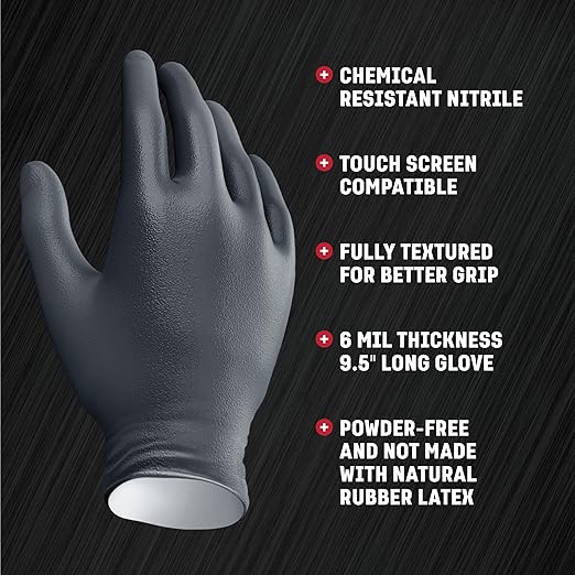 Venom Steel Industrial Nitrile Gloves, Chemical Resistant Disposable Black Gloves, Latex-Free, Powder-Free, Textured Grip, Heavy Duty Two-Layer Protection, 6 mil, One Size Fits Most, 50 Count