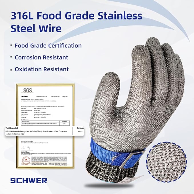 SlicePro ANSI A9 Cut Resistant Glove PR1706, Stainless Steel Mesh Metal Glove, Food Grade for Kitchen Cooking, Butcher Meat Cutting, Oyster Shucking, Mandoline, Fishing (L, 50 Pairs)