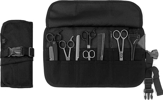 Under NY Sky Salon Scissors Roll Up Holder – Professional Oxford Canvas Pouch Case for Hair Stylists, Barbers & Hairdressers – Portable Storage Organizer for Hair Cutting Shears & Salon Tools - Black
